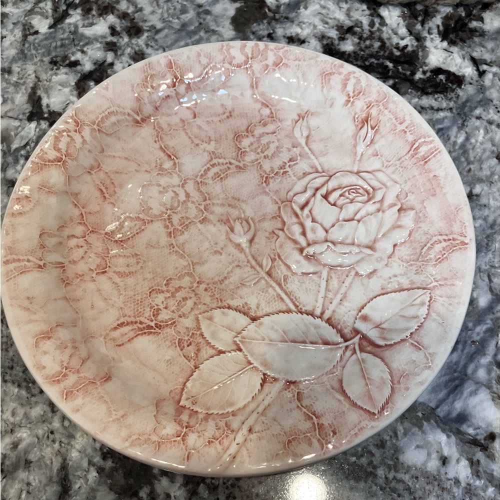 Vintage italy majolica pink lace rose plate 8” #3
